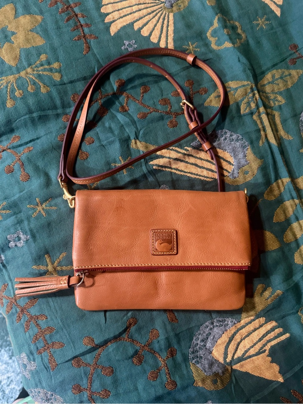 Dooney & Bourke Tan Leather Fold-Over Crossbody with Tassel